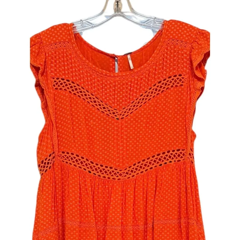 Free People Burnt Orange Tiered Dress Boho Crochet Details Size S Feminine